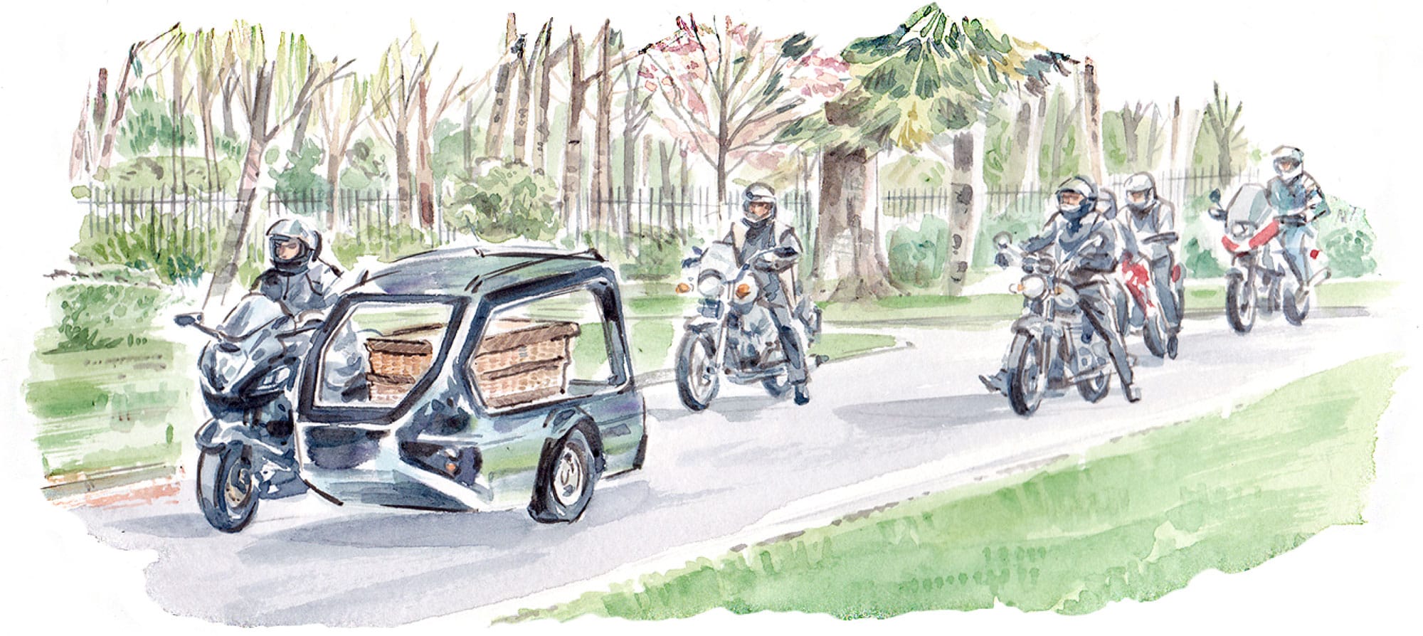 A motorcycle hearse travelling with a procession of bikers on way to funeral
