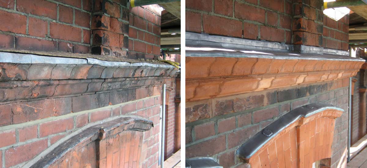 Left: Weathered and aged arch and corbel detail. Right: Reconstructed arch and corbel, with new lead flashings.