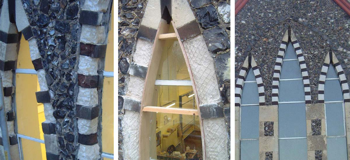 Left: Damaged decorative stonework / Centre: During repair / Right: Repaired stonework