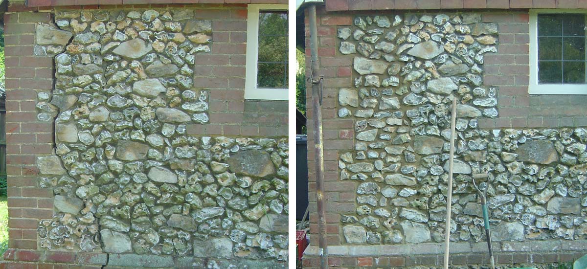 Left: Damaged masonry prior to repair / Right: Completed crack repair.
